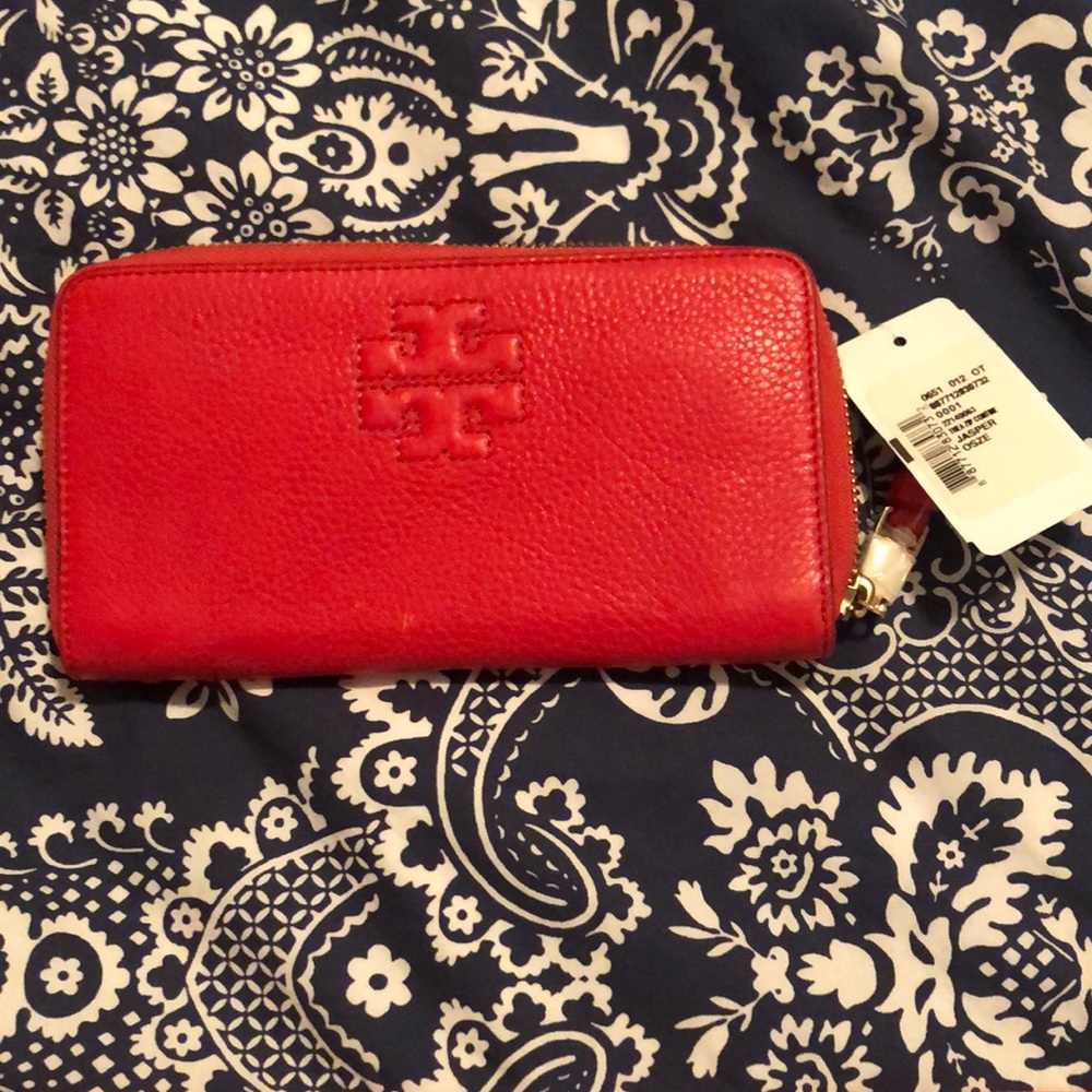 Tory Burch Red Thea Zip Continental Leather Wallet